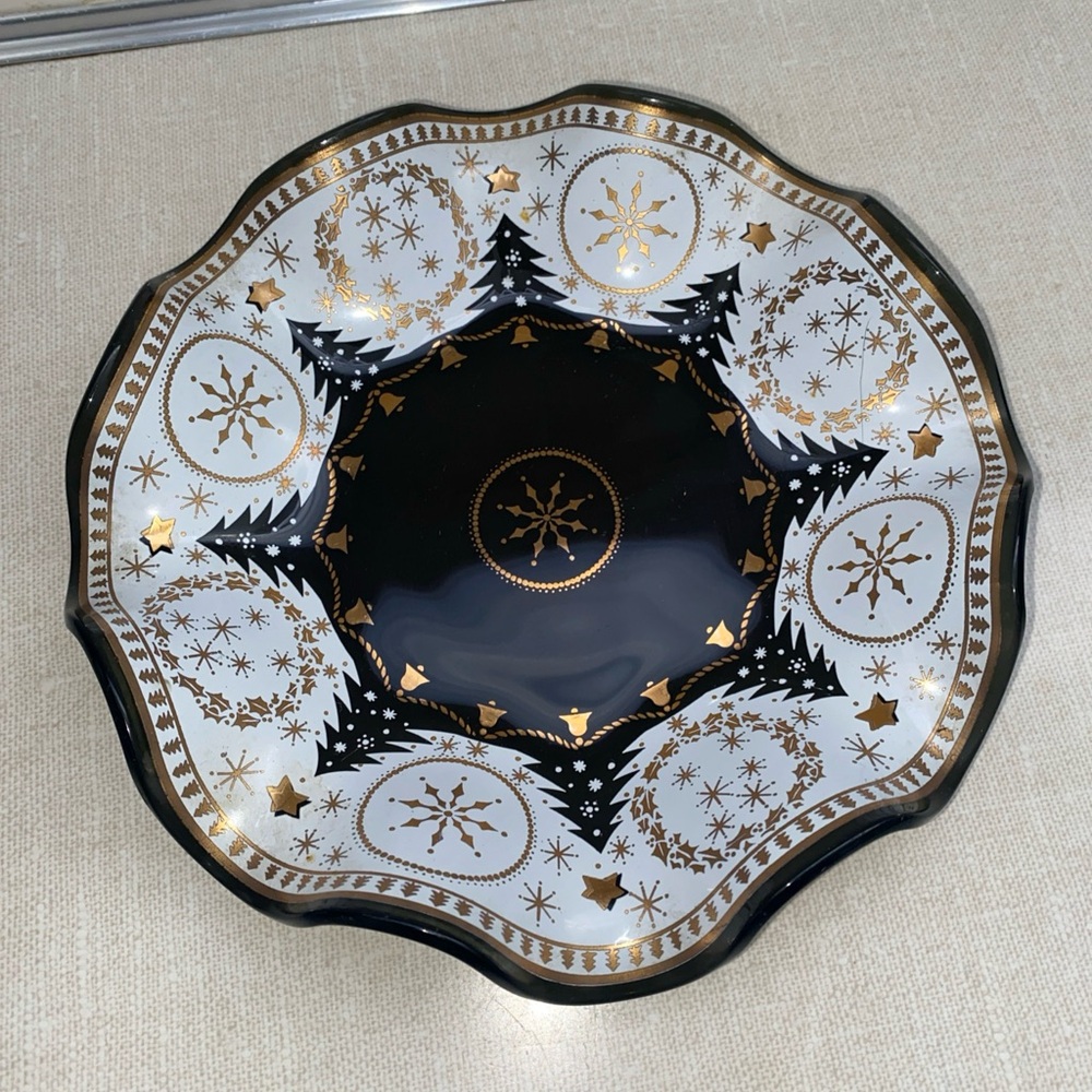 Vintage Houze Art Glass Trinket Candy Dish HOLIDAY Christmas Trees  Black Gold‎
